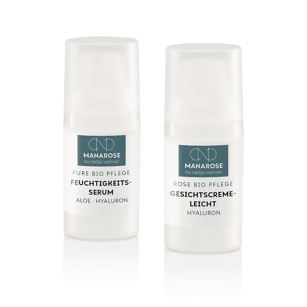 Zwei Flaschen Manarose Biokosmetik Gesichtspflege Set – After Shave für Männer.