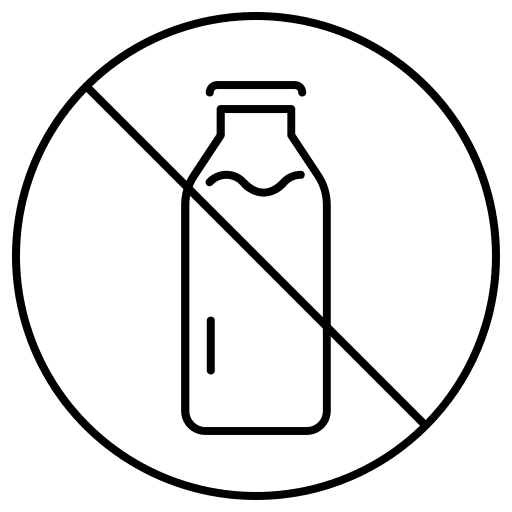 Eine Flasche hinter einem durchgestrichenen Kreis. Das Zeichen für laktosefrei