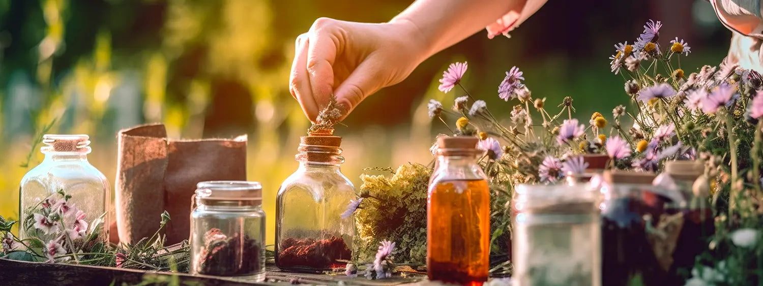 Eine Frauenhand gibt Blüten in eine Flasche um ätherisches Öl herzustellen