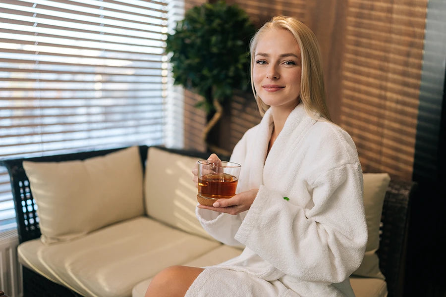 Junge Frau sitzt im Bademantel auf einem Sofa und trinkt einen Tee
