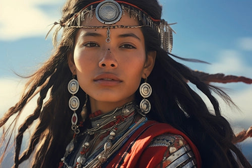 Hübsche junge Ureinwohnerin mit Kopfschmuck und langen schwarzen Haaren