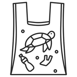 Eine gezeichnete Plastiktüte mit einer Schildkröte und Mikroplastik. Das Produkt ist ohne Mikroplastik