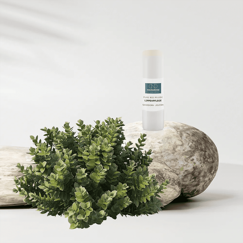 Natürlicher Luxus - Lippenpflege Sanddorn Jojoba Lippenbalsam von Manarose Biokosmetik auf einem Felsen neben einer Pflanze.